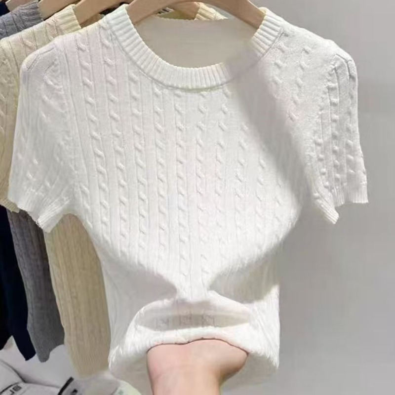 Summer Holiday Clothing Women - Korean Solid Color Round Neck Short