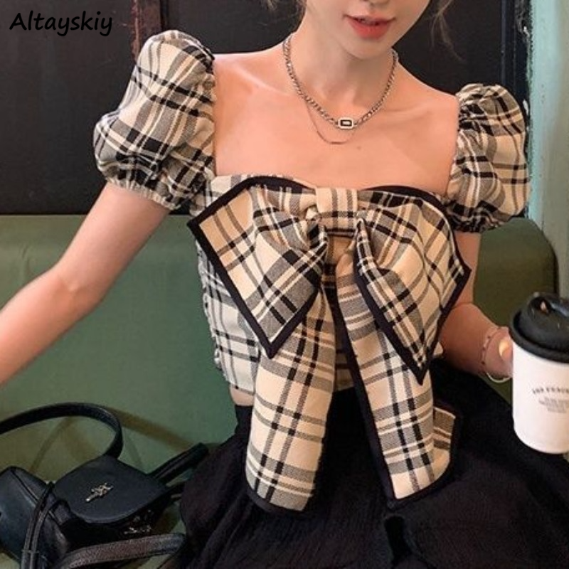 Crop Blouse Linen - Plaid Blouses Women Y2k Summer Cute