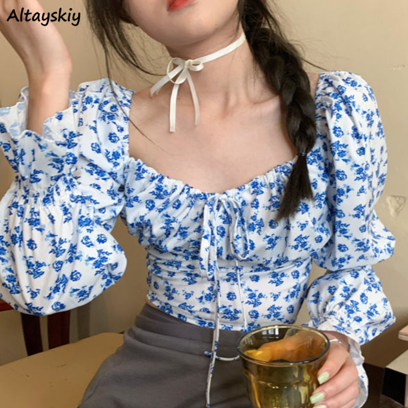Floral Blouses Women Puff Slee – обзор и цена Crop Blouse Linen