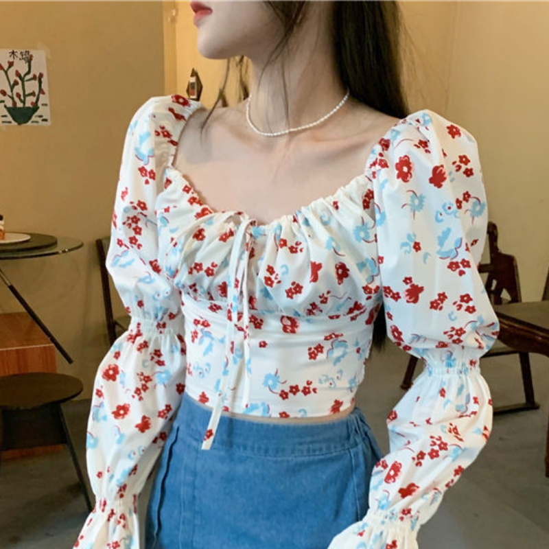 Floral Blouses Women Puff Slee – обзор и цена Crop Blouse Linen