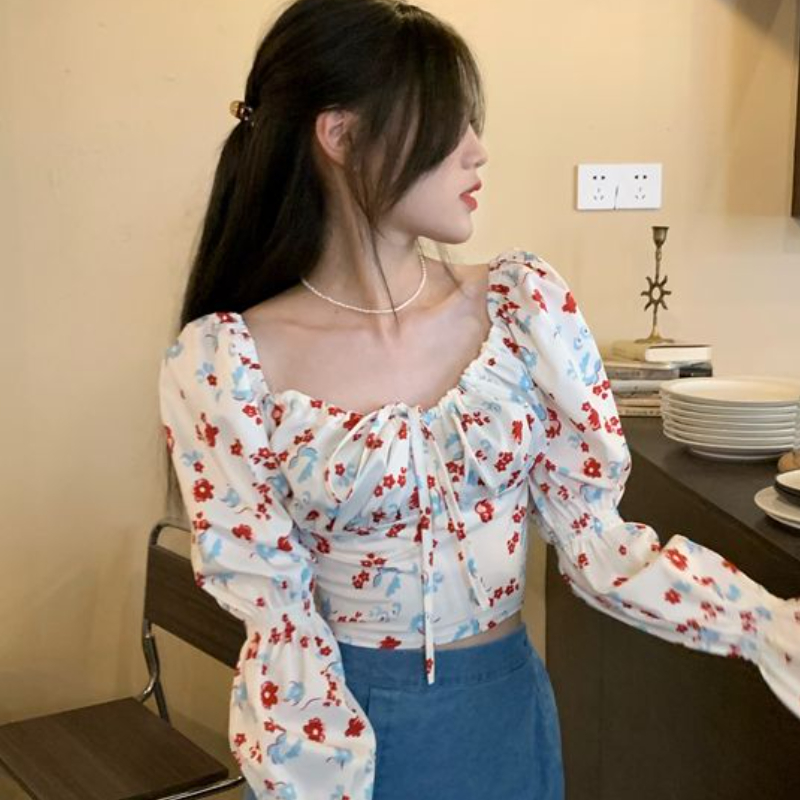 Floral Blouses Women Puff Slee – обзор и цена Crop Blouse Linen