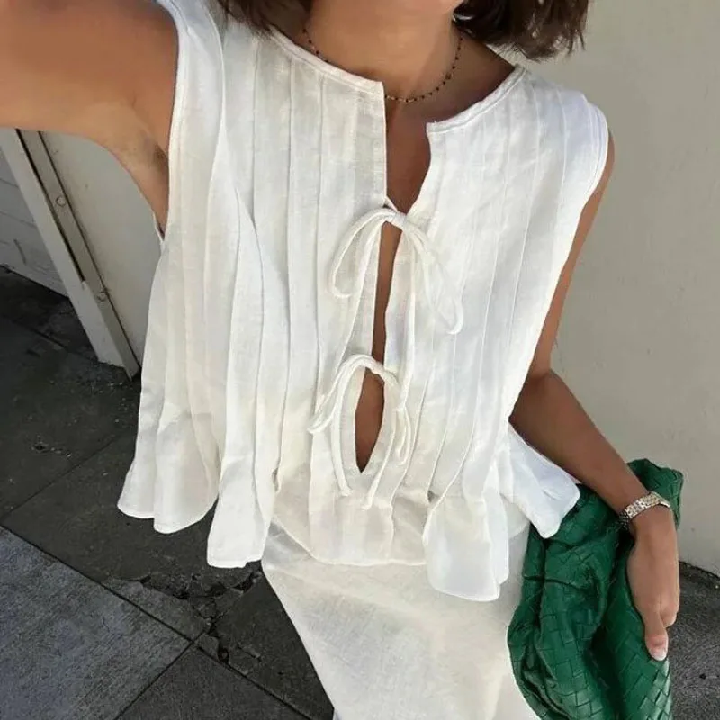 Linen Cotton Pleated Lace Up S – обзор и цена Crop Blouse Linen