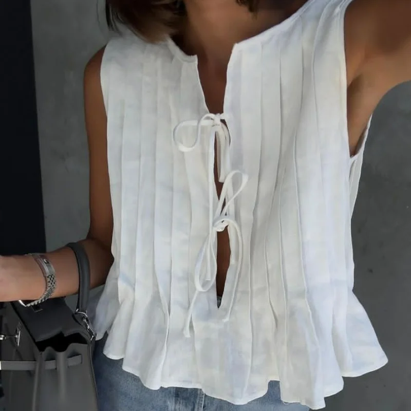 Linen Cotton Pleated Lace Up S – обзор и цена Crop Blouse Linen