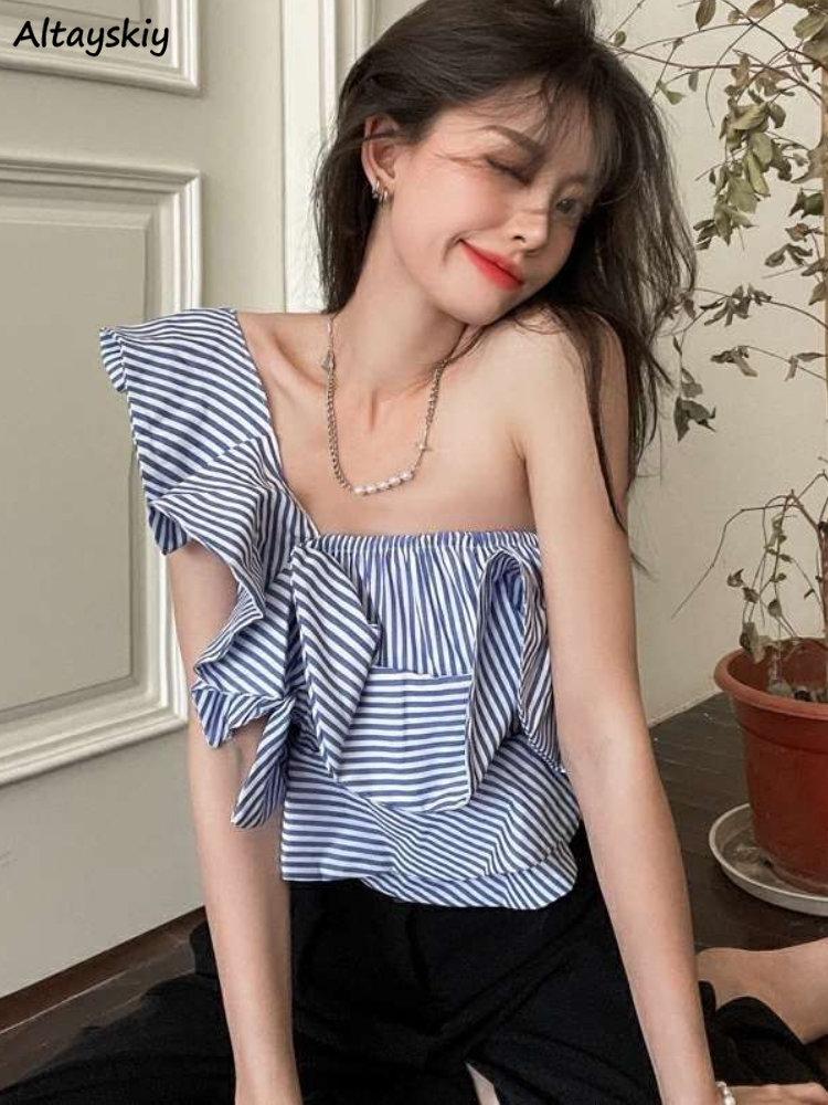 Blouses Women Summer Blue Stri – обзор и цена Crop Blouse Linen