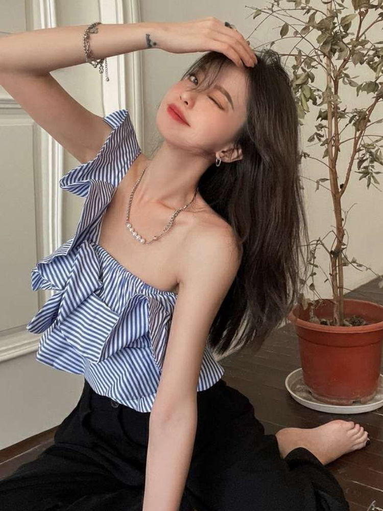 Blouses Women Summer Blue Stri – обзор и цена Crop Blouse Linen