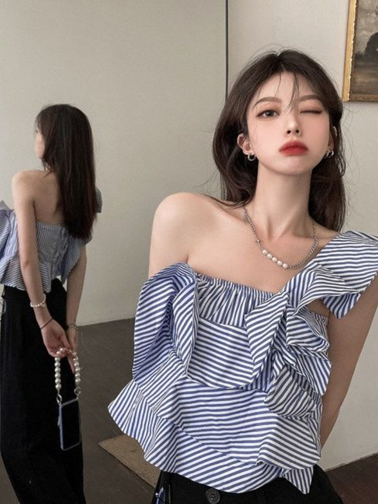 Blouses Women Summer Blue Stri – обзор и цена Crop Blouse Linen