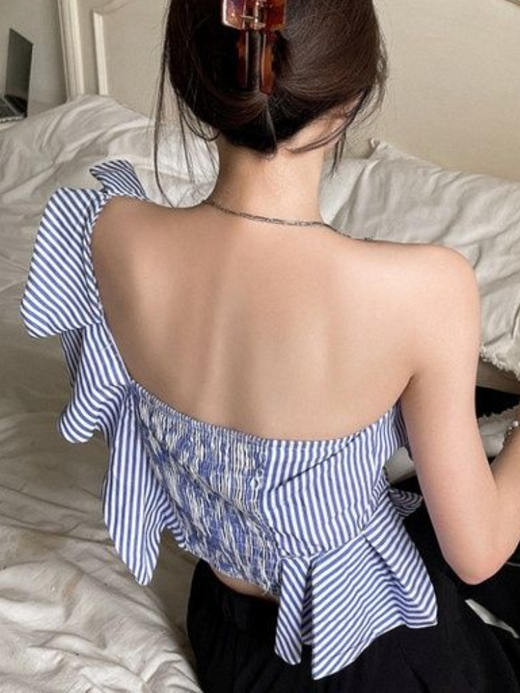 Blouses Women Summer Blue Stri – обзор и цена Crop Blouse Linen