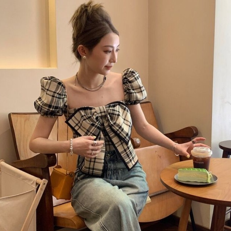 Plaid Blouses Women Y2k Summer – обзор и цена Crop Blouse Linen