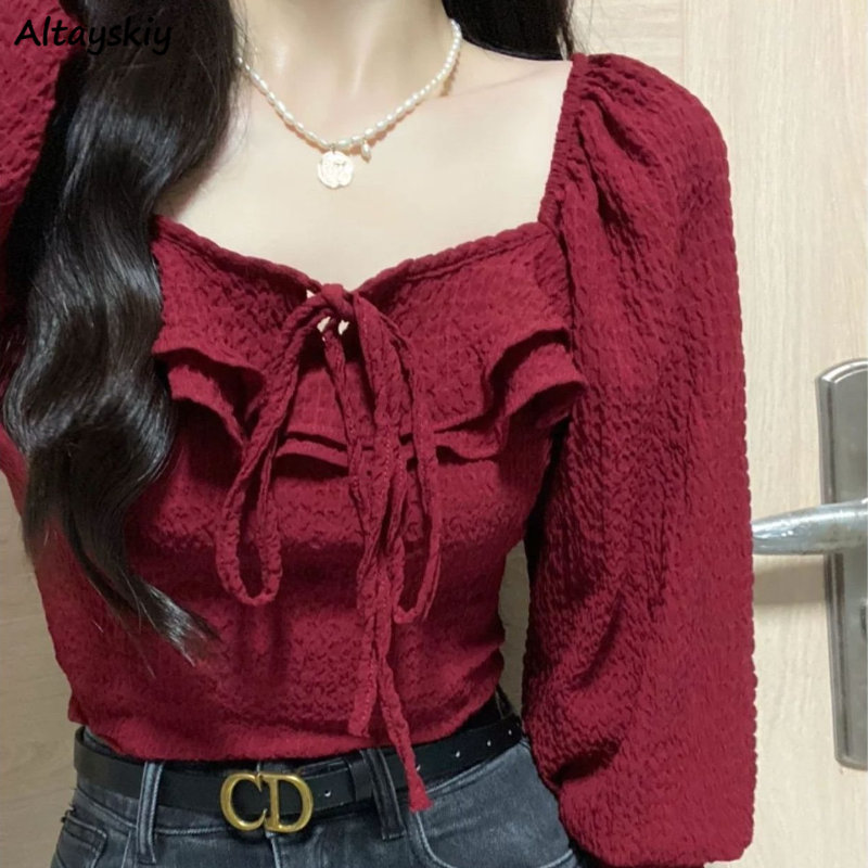 Red Blouses Lace Up Casual Vin – обзор и цена Crop Blouse Linen