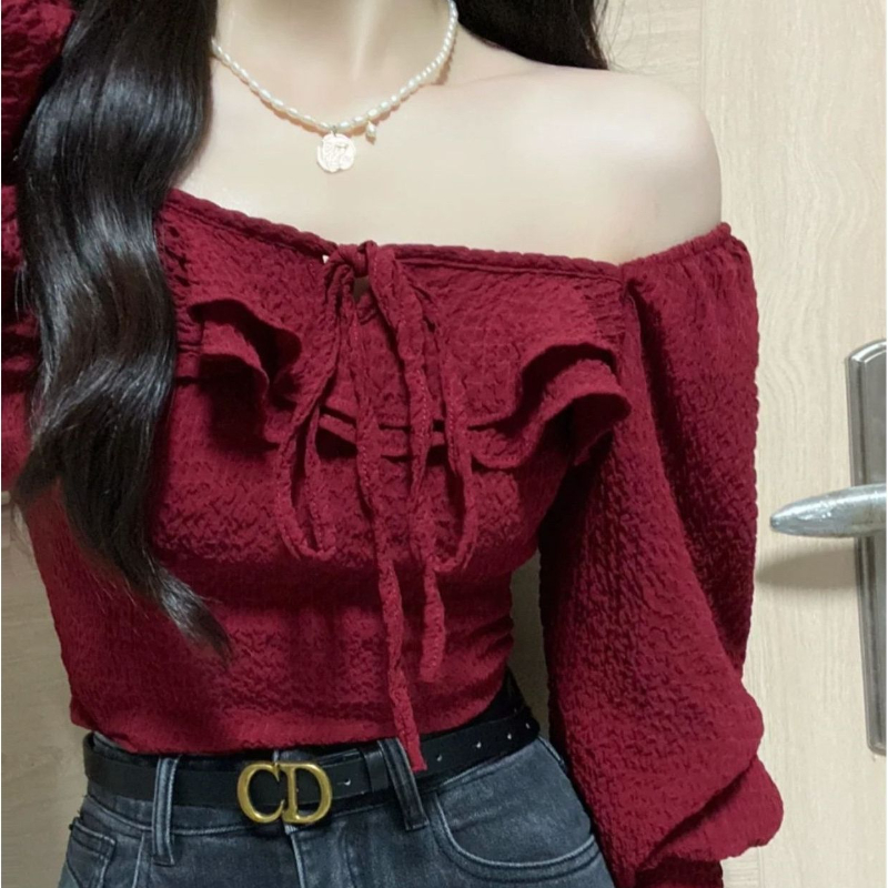 Red Blouses Lace Up Casual Vin – обзор и цена Crop Blouse Linen
