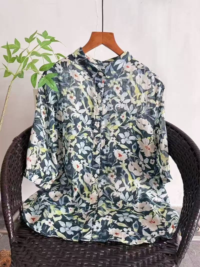 2026 Pure Ramie Print Shirt Wo – обзор и цена Japan Summer Clothing Women